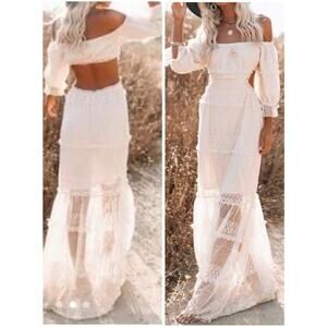 NWT Skylar Rose Porsha Off Shoulder Open Back Maxi Dress Lace Tiers BOHO Sz L